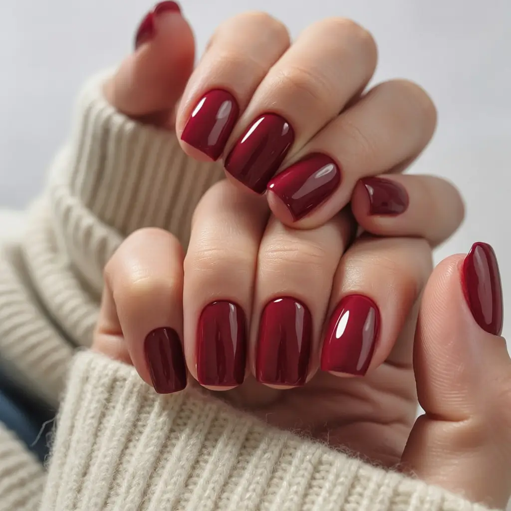 cool spring short nails 2026 Deep Cherry Red Glossy Short Nails