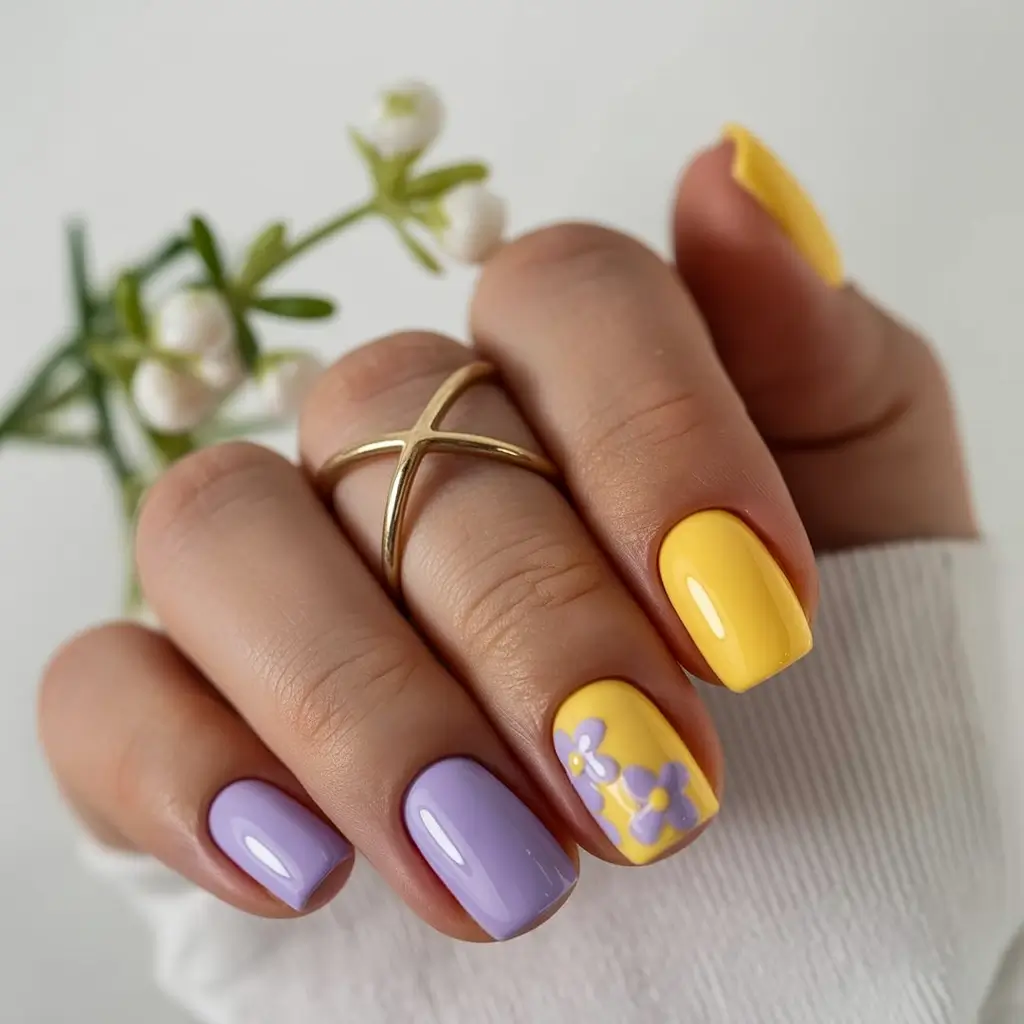 cool spring short nails 2026 Lavender and Yellow Spring Floral Mix