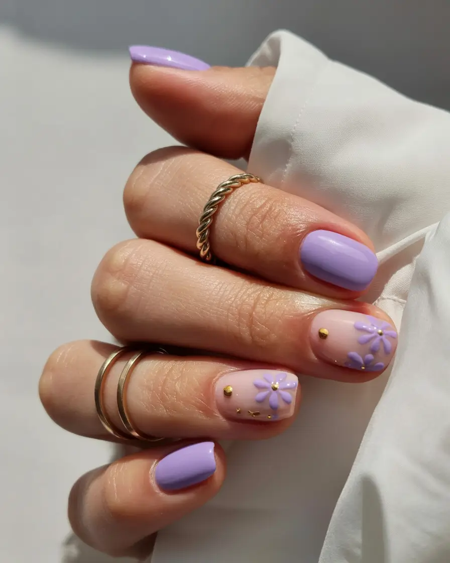 cool spring short nails 2026 Soft Lavender with Minimal Daisy Details