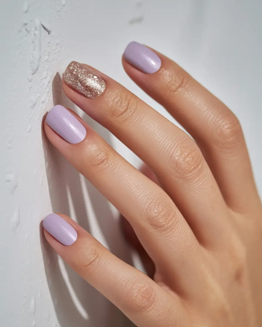 cool spring short nails 2026 Minimal Lilac with Rose Gold Glitter Accent