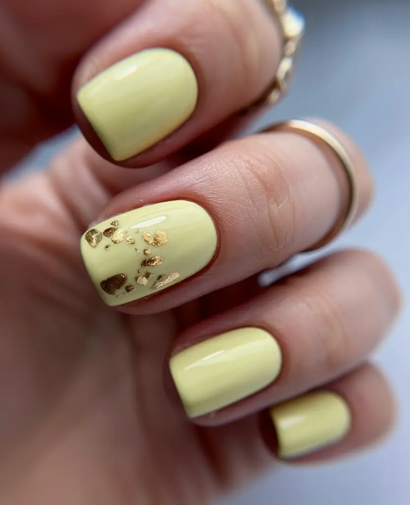 cool spring short nails 2026 Pastel Lemon with Gold Foil Accent