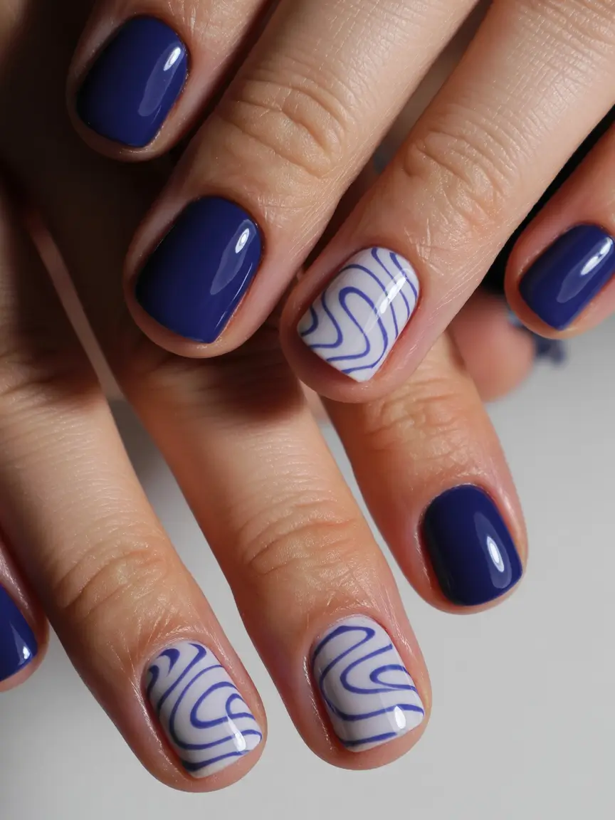 cool spring short nails 2026 Royal Blue with Abstract Line Art