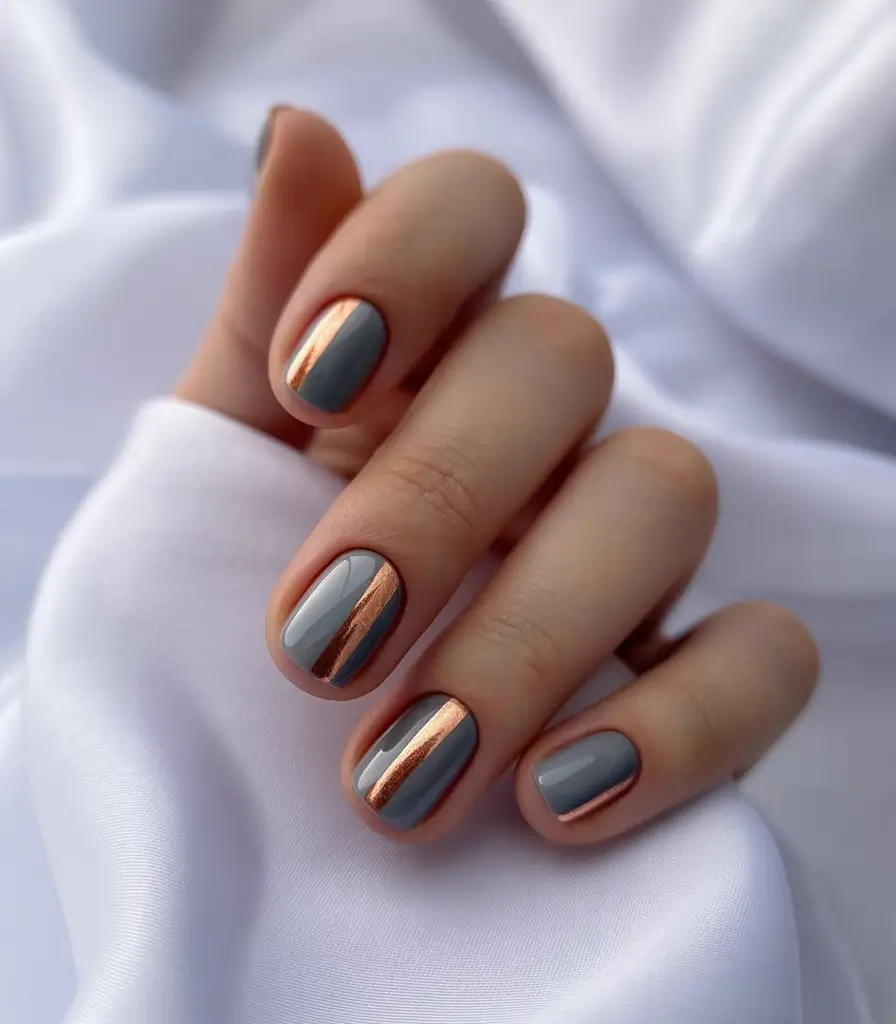 cool spring short nails 2026 Cool Gray with Metallic Copper Stripes
