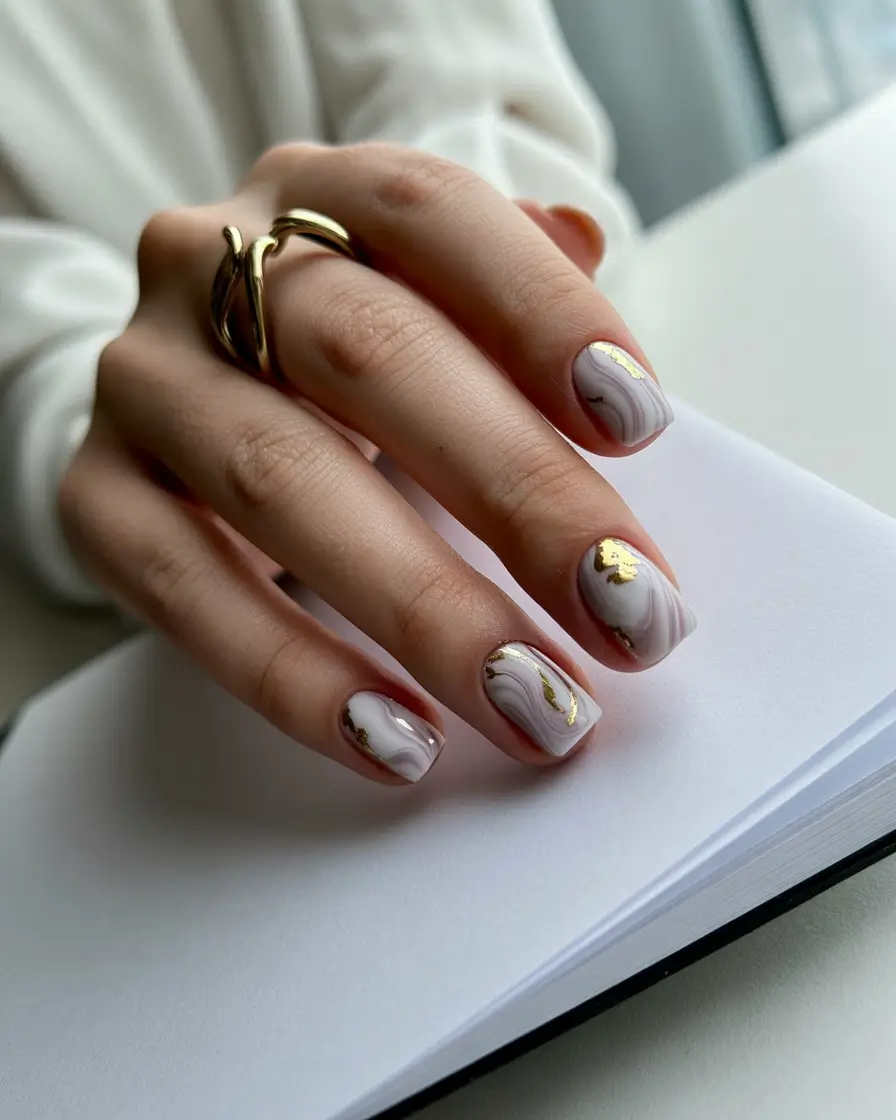 cool spring short nails 2026 Soft Marble Nude with Gold Veining
