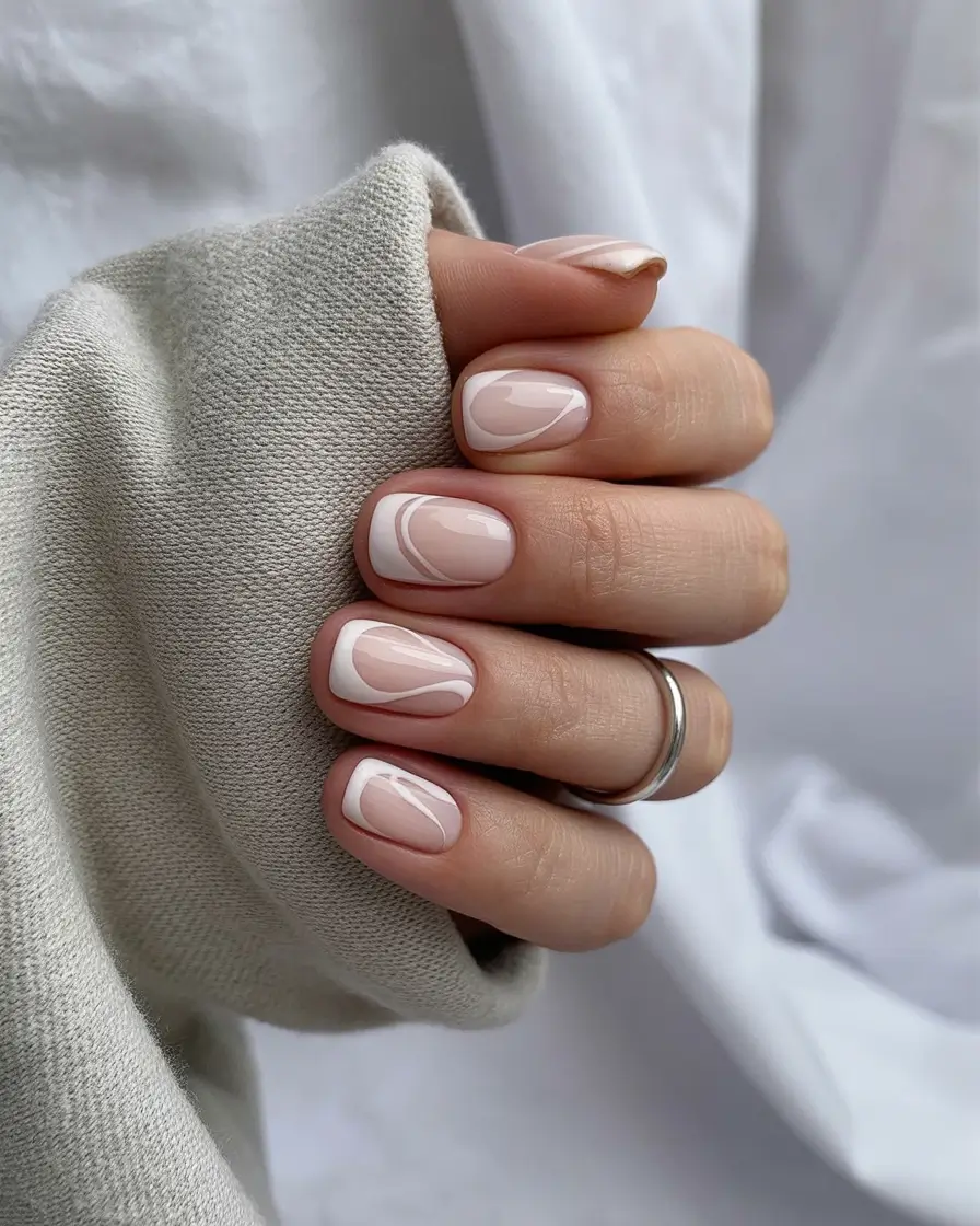 cool spring short nails 2026 Minimal Nude with Soft White Swirl Lines