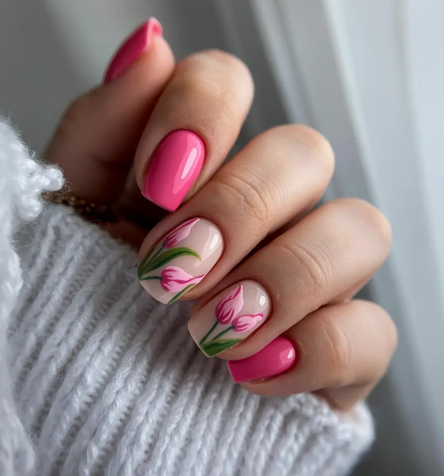 cool spring short nails 2026 Bold Pink Tulip Accent on Short Square Nails
