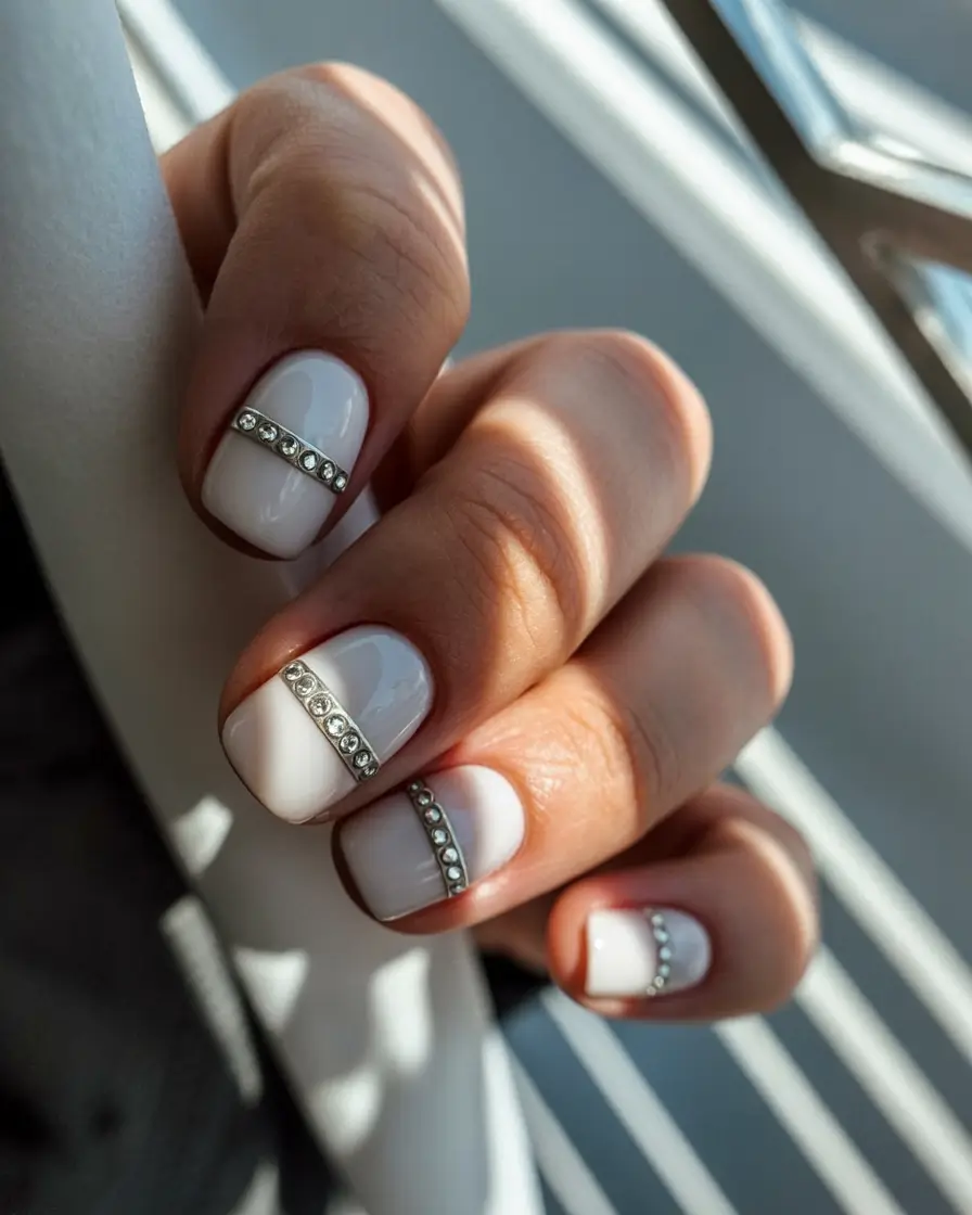 cool spring short nails 2026 Milky Nude with Crystal Stripe Detail