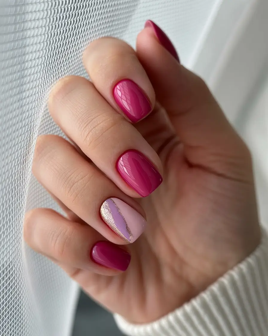 cool spring short nails 2026 Berry Pink with Lilac and Gold Accent