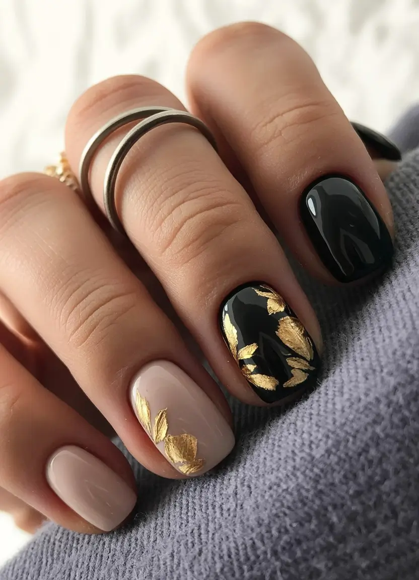 cool spring short nails 2026 Black and Nude with Gold Leaf Accent