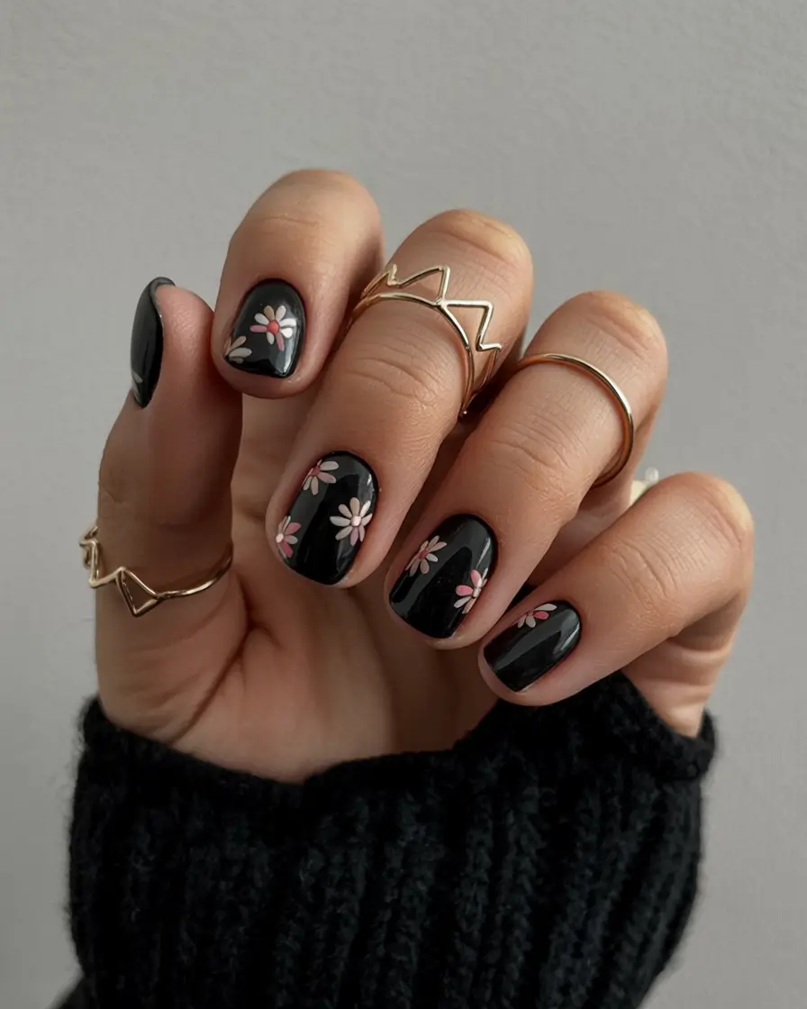 cool spring short nails 2026 Glossy Black with Mini Daisy Art