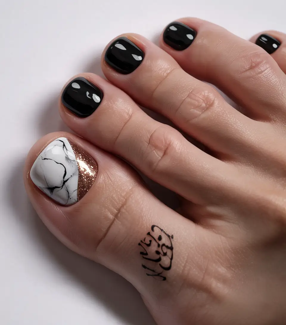 creative spring toe nails 2026 Glossy Black and Marble Accent for a Classy Spring Reset