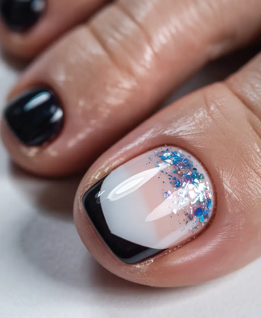 creative spring toe nails 2026 Black French with Iridescent Glitter Accent