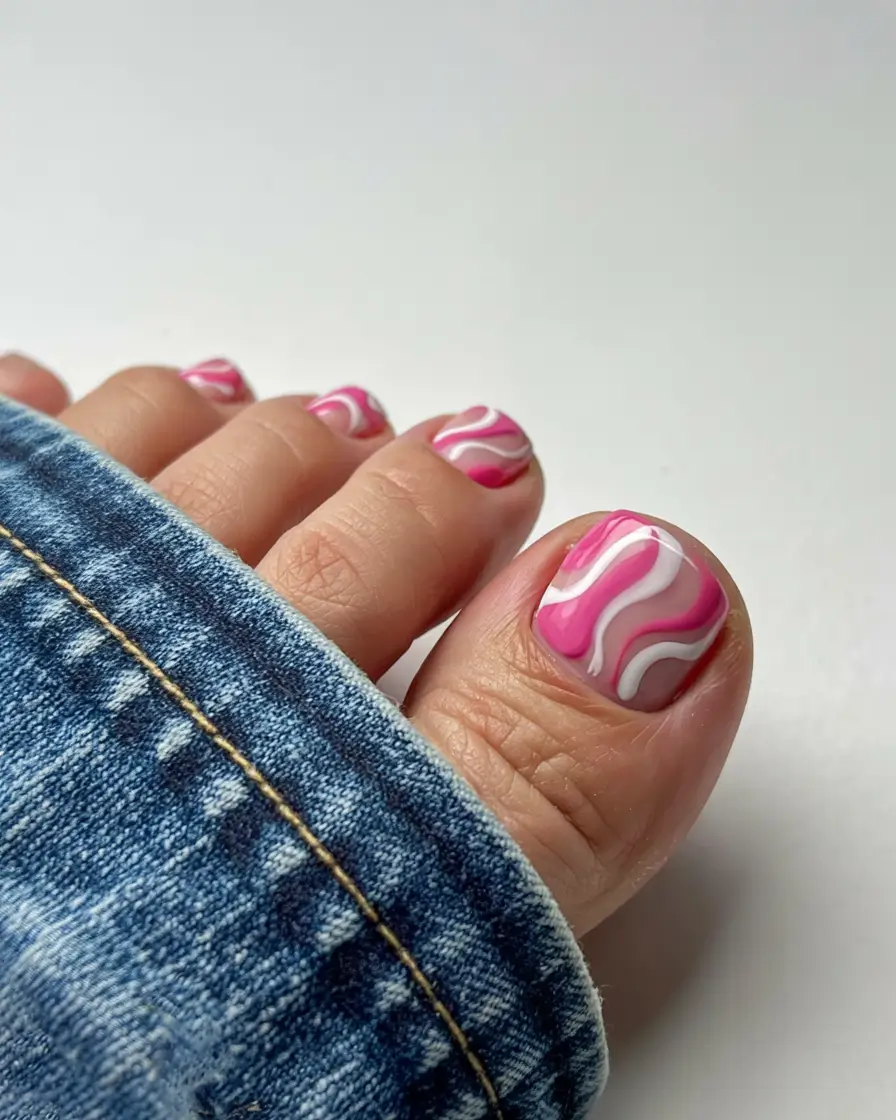 creative spring toe nails 2026 Pink Marble Waves for Trendy Spring Movement