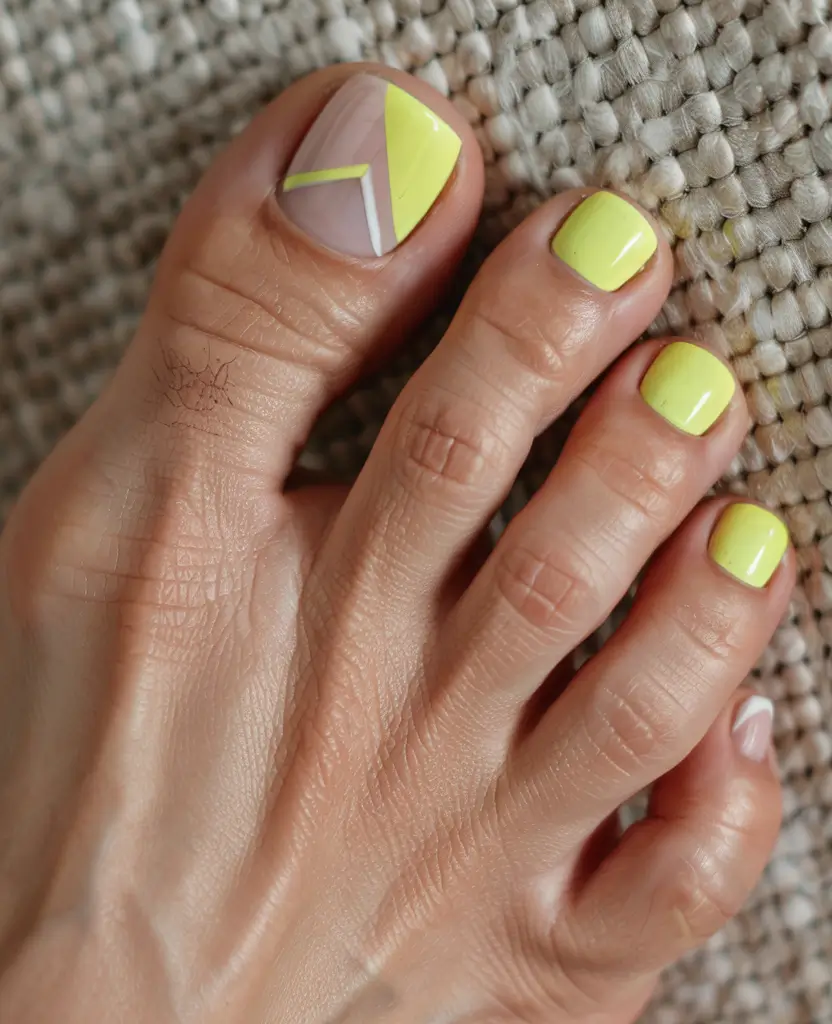 creative spring toe nails 2026 Bright Lemon and Soft Nude Geometry for Modern Spring Energy