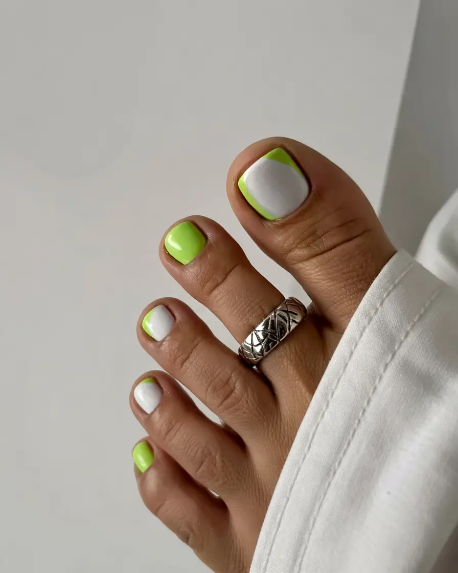 creative spring toe nails 2026 Neon Lime and White Contrast for Bold Spring Energy