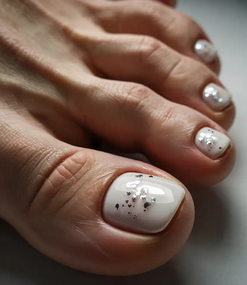 creative spring toe nails 2026 Soft Ivory with Delicate Silver Flecks