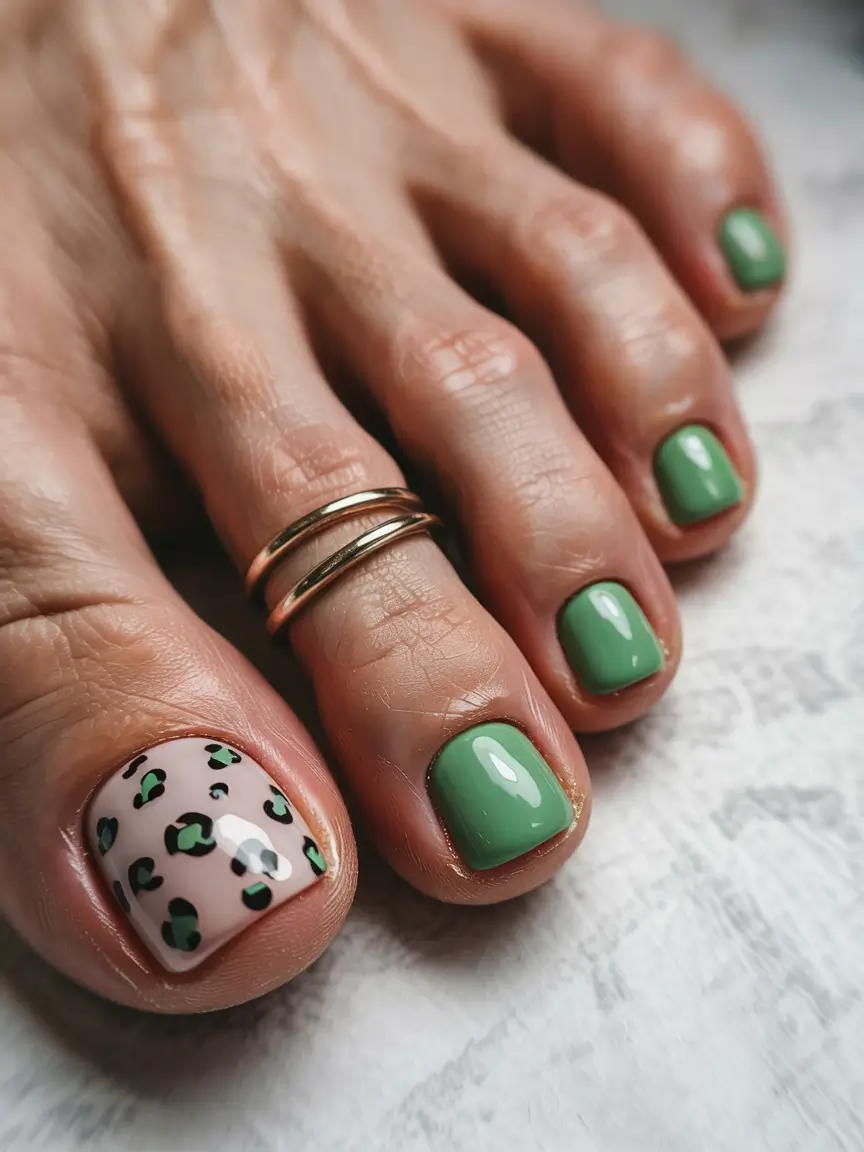 creative spring toe nails 2026 Soft Green with Leopard Accent for Playful Spring Texture