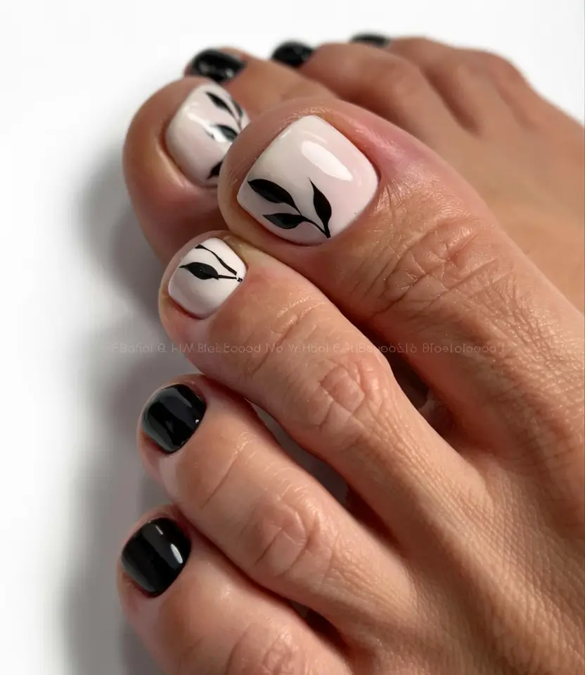 creative spring toe nails 2026 Black and White Botanical Minimalism