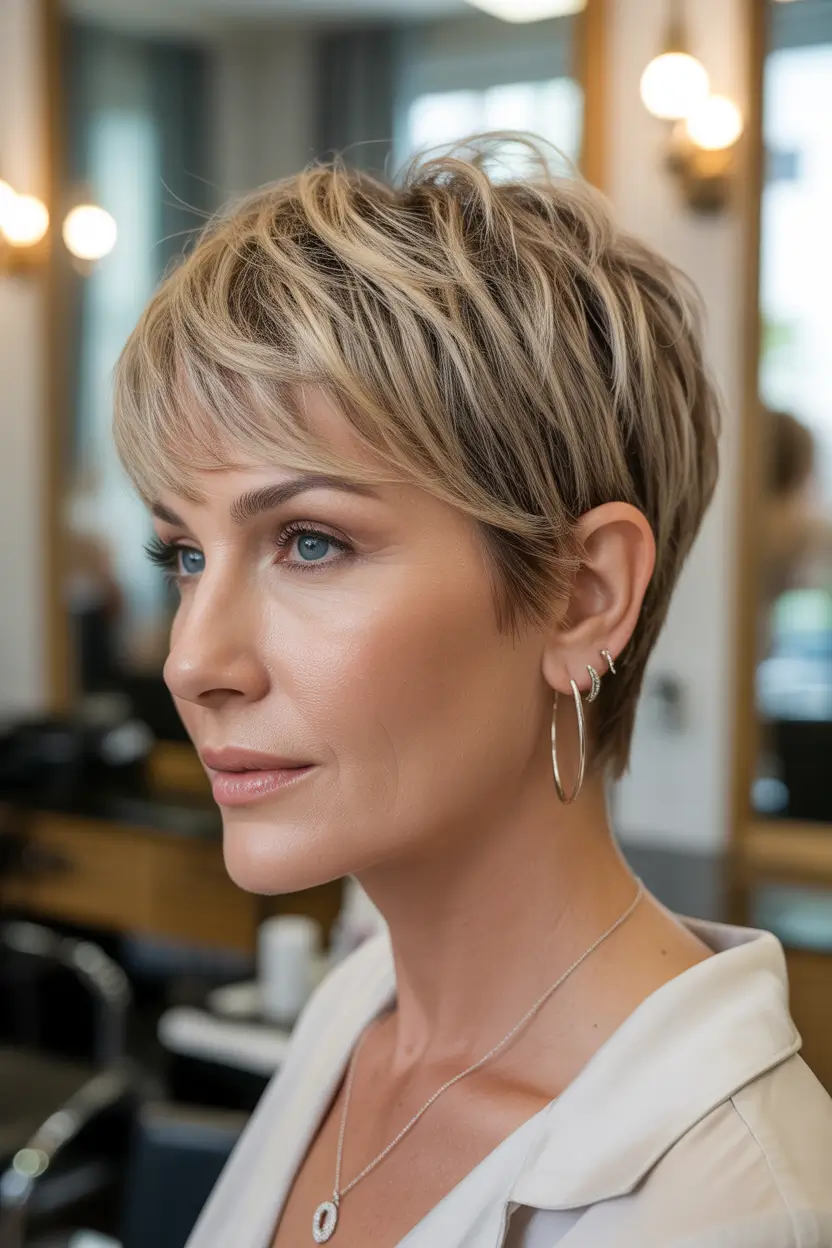 cute spring haircuts for women over 40 2026 Soft textured pixie with light spring movement