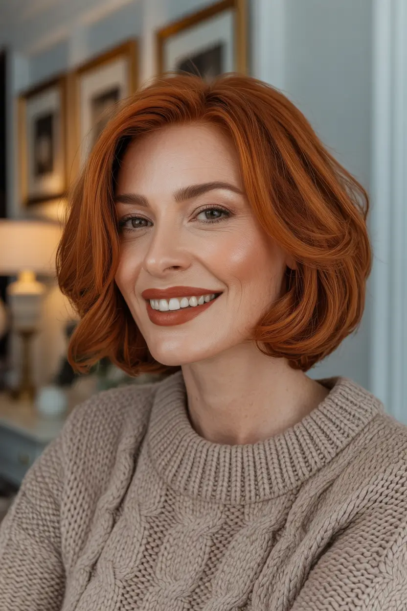 cute spring haircuts for women over 40 2026 Warm copper bob with soft flowing contour