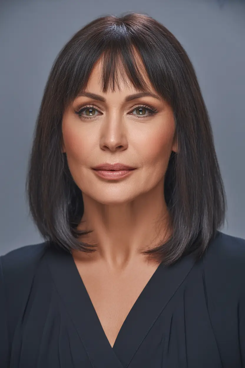 cute spring haircuts for women over 40 2026 Glossy mid length cut with modern straight bangs