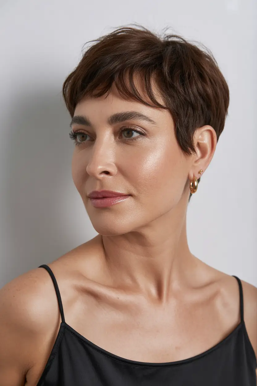 cute spring haircuts for women over 40 2026 Modern soft pixie with textured fringe