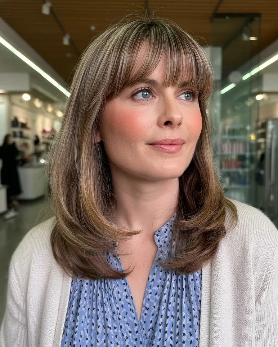 cute spring haircuts for women over 40 2026 Layered mid length cut with soft curtain bangs and natural flow