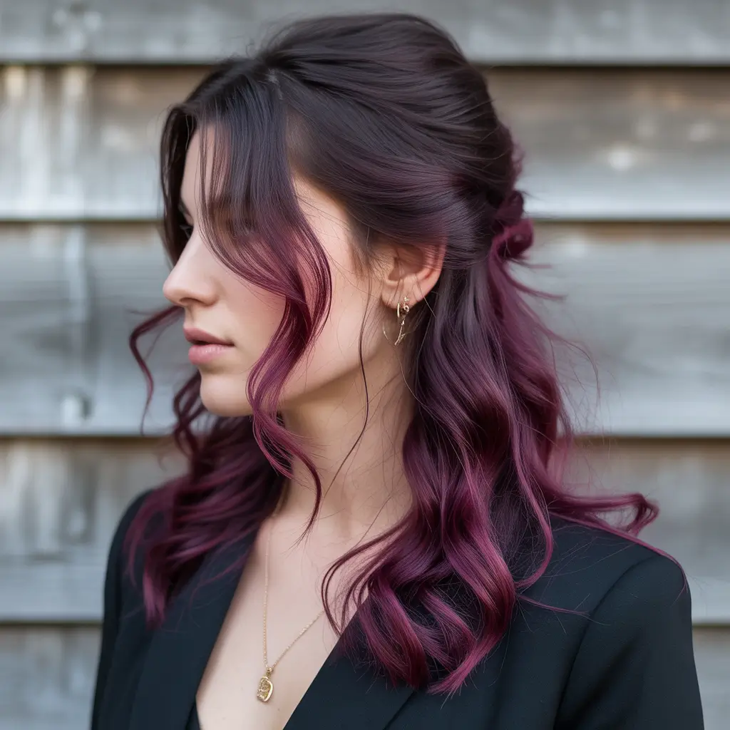 dreamy spring balayage hair color ideas 2026 Deep Plum Balayage with Modern Contrast