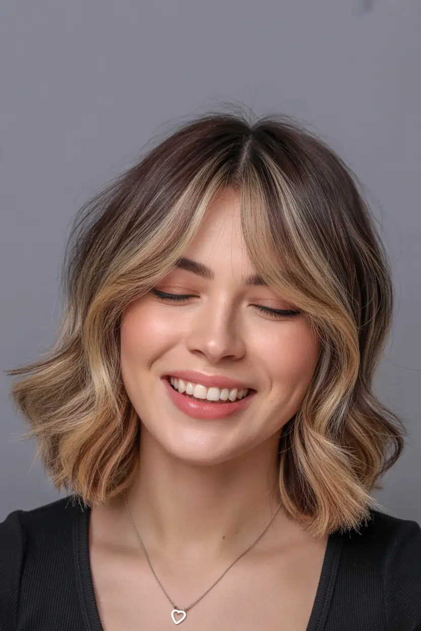 dreamy spring balayage hair color ideas 2026 Soft Champagne Contour Bob with Light Reflecting Layers