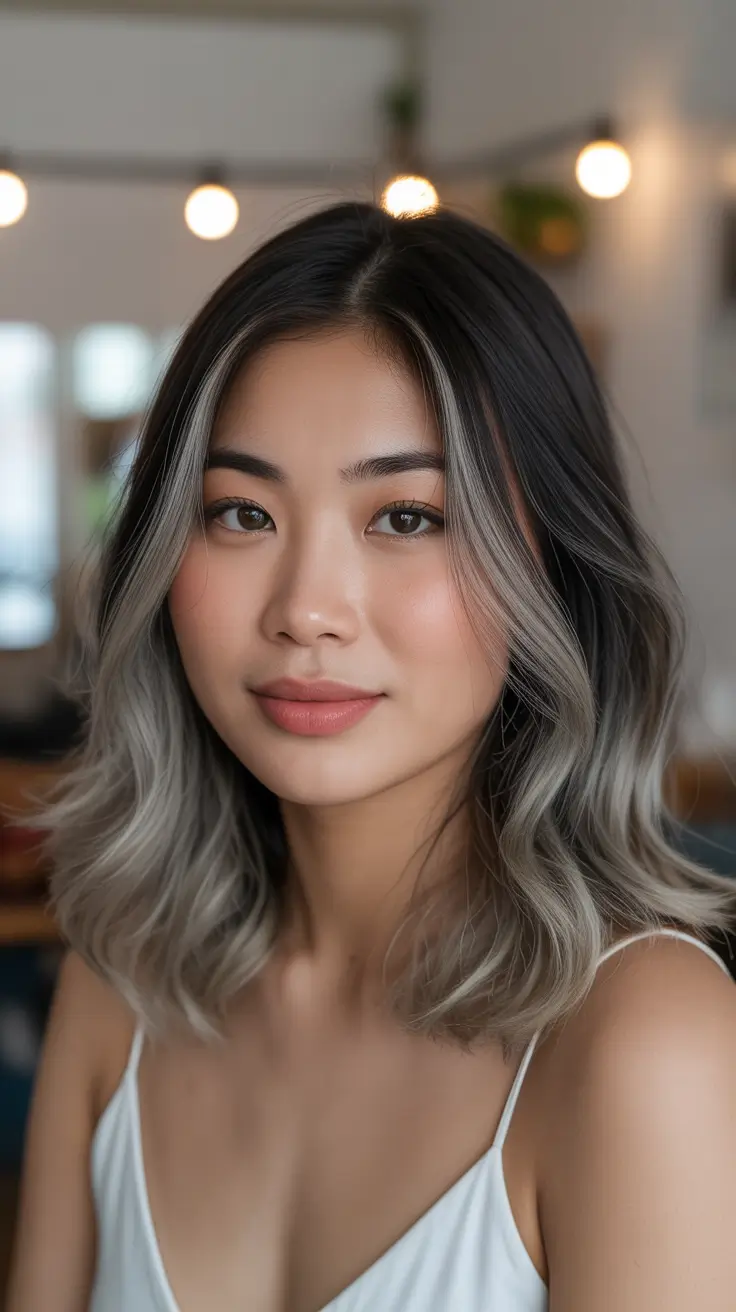 dreamy spring balayage hair color ideas 2026 Silver Smoke Balayage for Modern Contrast