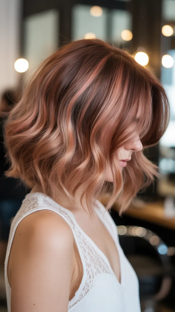 dreamy spring balayage hair color ideas 2026 Peach Copper Balayage Bob with Soft Texture