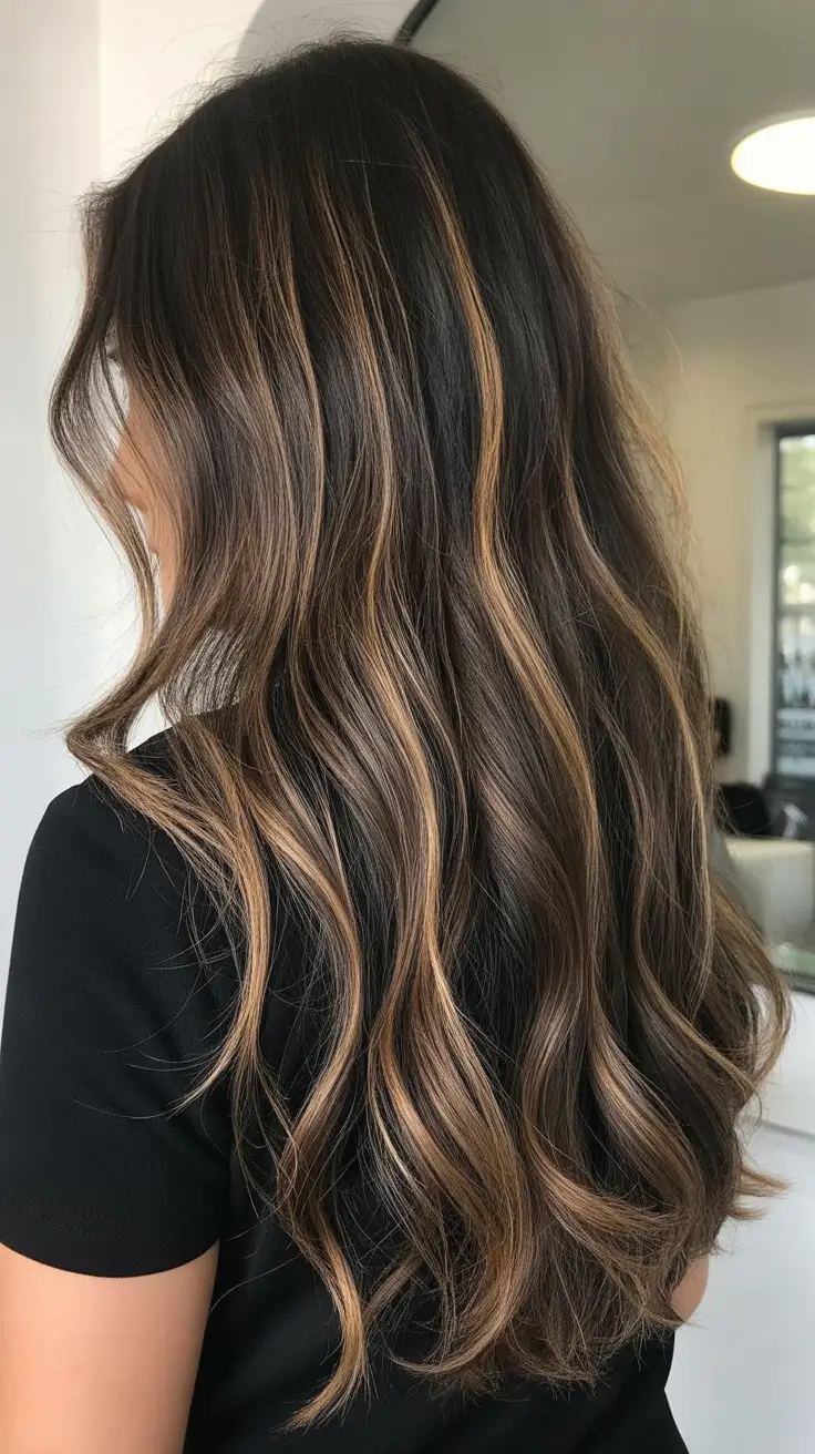 dreamy spring balayage hair color ideas 2026 Espresso Brunette with Caramel Ribbon Balayage