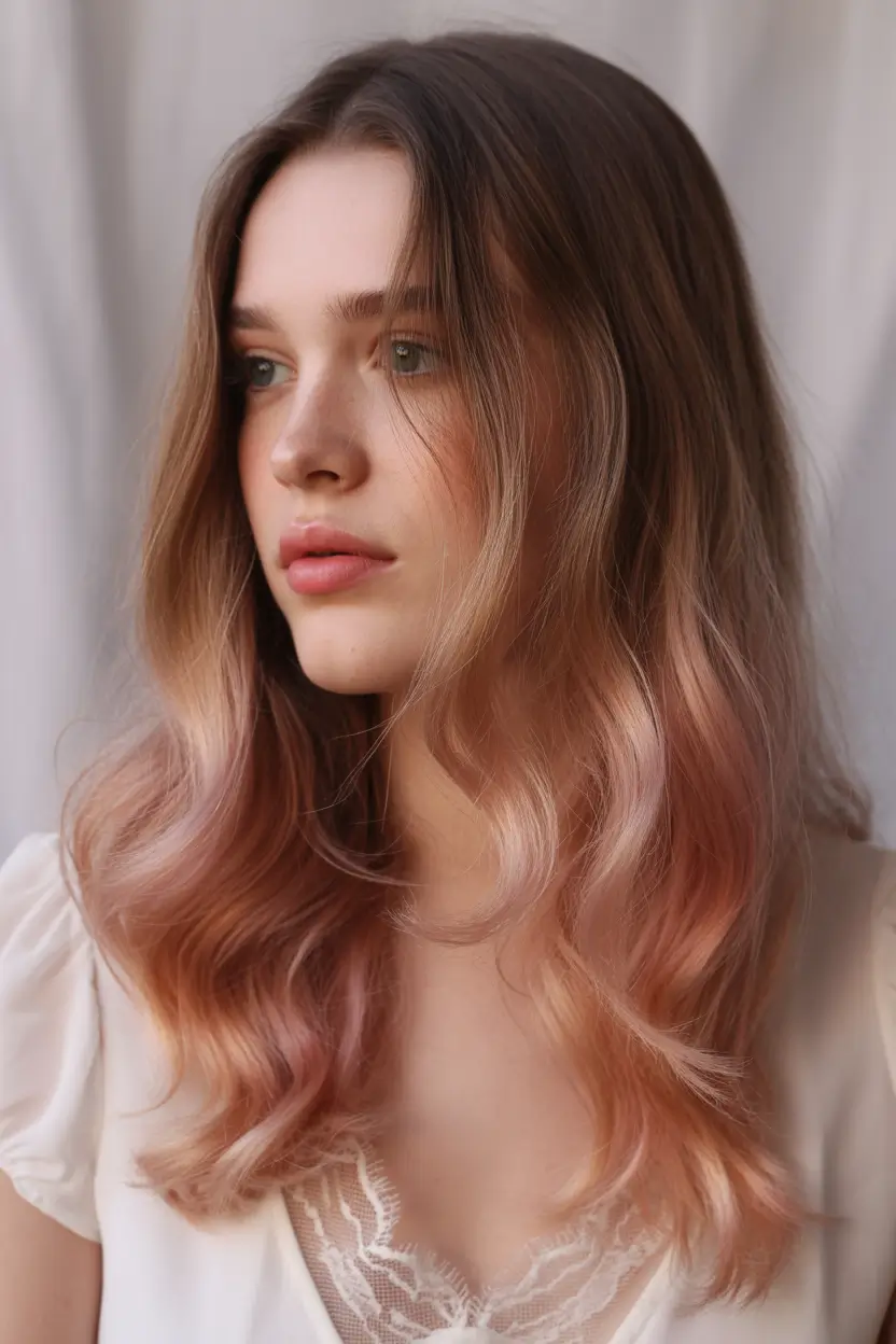 dreamy spring balayage hair color ideas 2026 Soft Caramel Rose Balayage for Warm Complexions