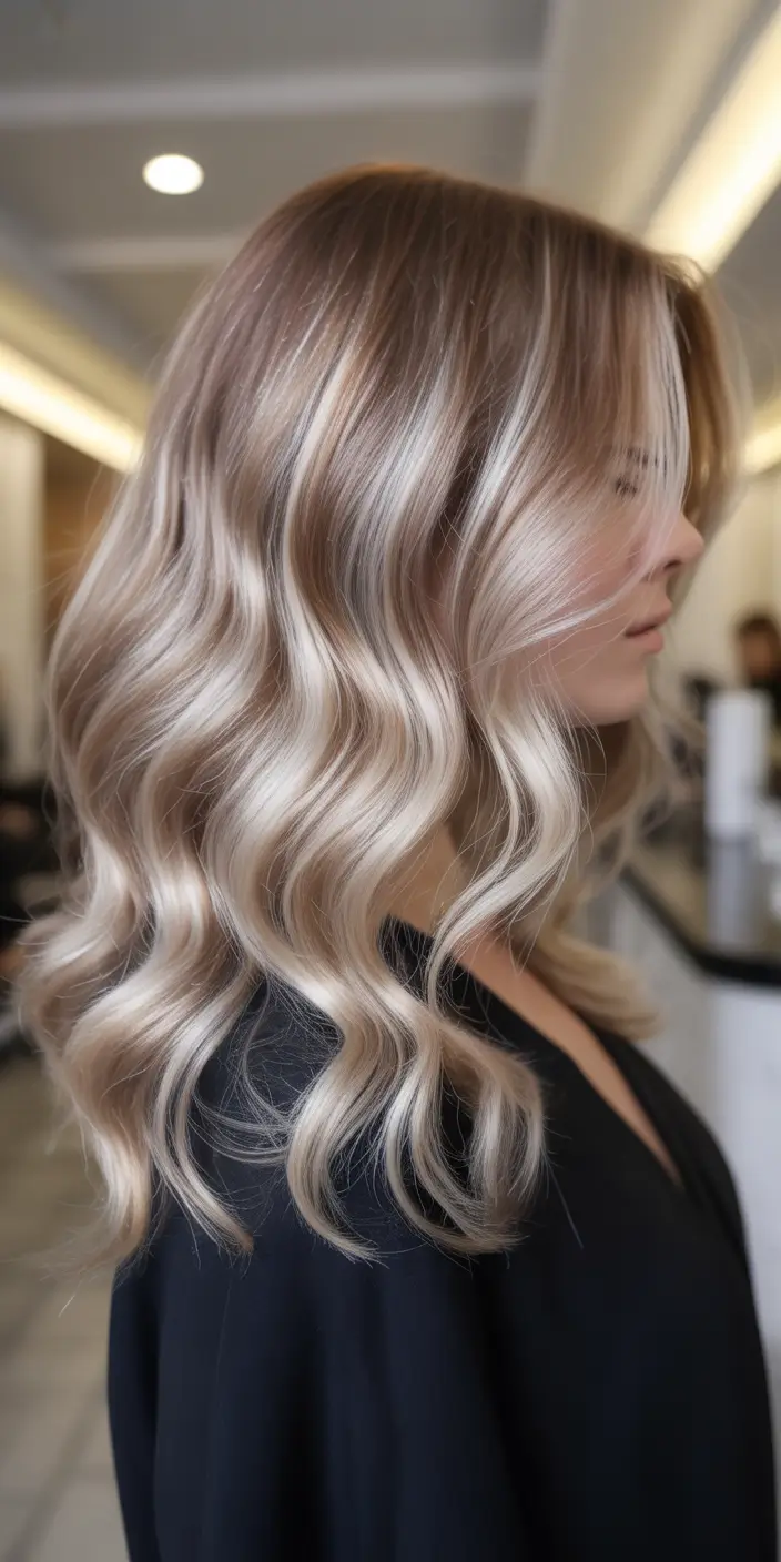 dreamy spring balayage hair color ideas 2026 Silky Pearl Blonde Balayage with Airy Curtain Layers
