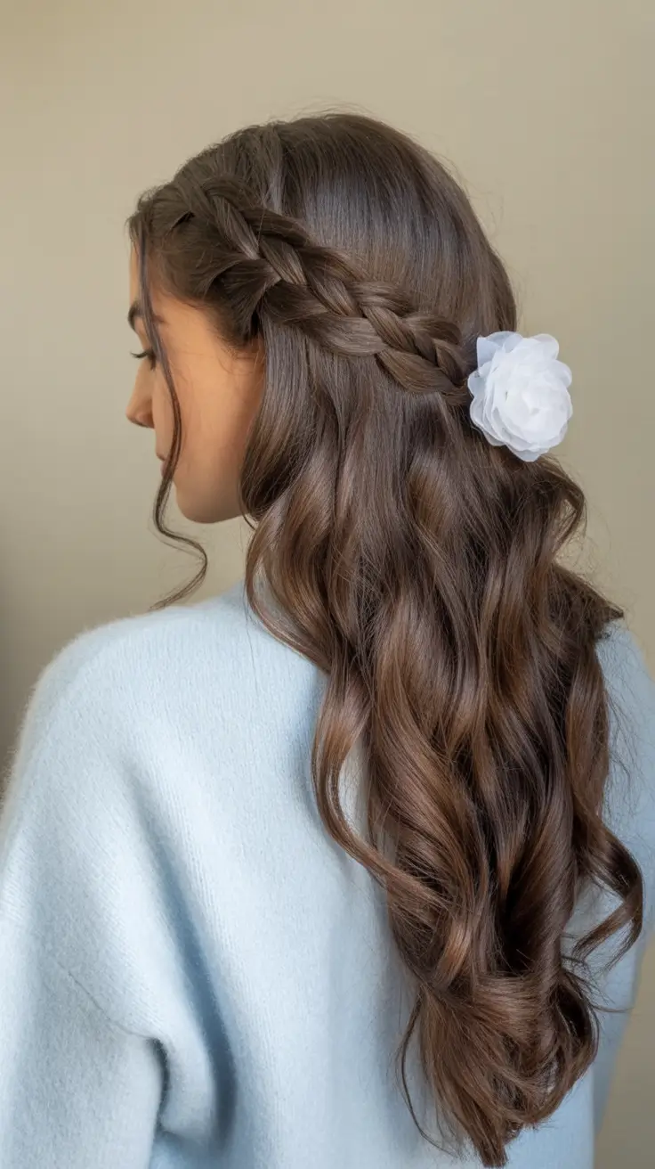 easy spring quick hairstyles 2026 Romantic Side Braid With Soft White Bloom