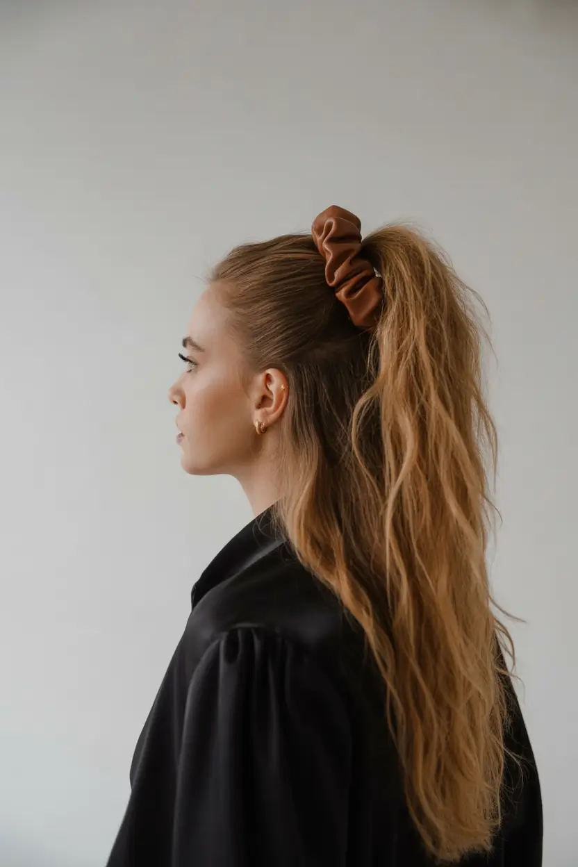 easy spring quick hairstyles 2026 High Textured Ponytail With Oversized Scrunchie