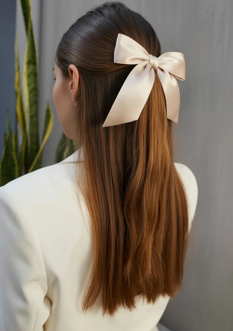 easy spring quick hairstyles 2026 Sleek Half Up With Statement Satin Bow