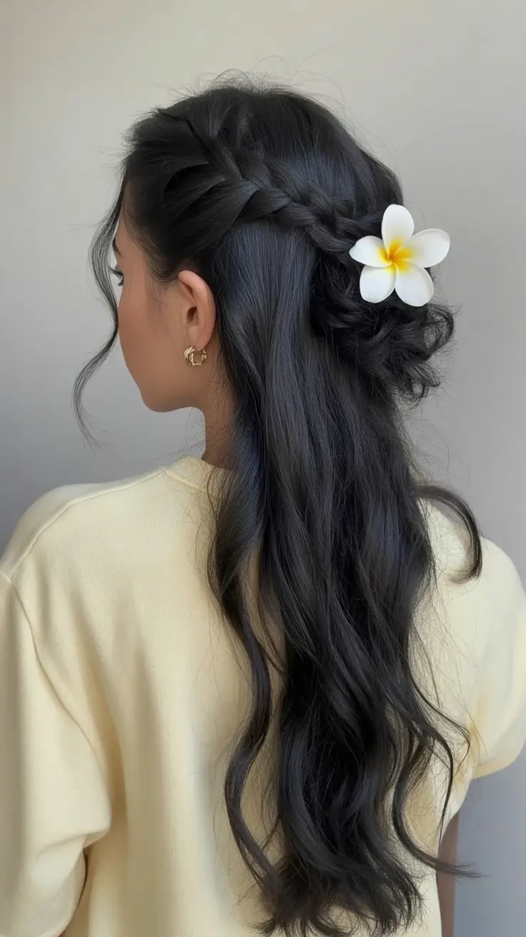 easy spring quick hairstyles 2026 Low Twisted Half Up With Tropical Flower Detail