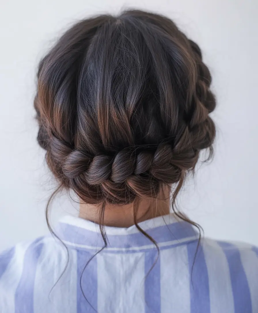 easy spring quick hairstyles 2026 Low Braided Crown Updo With Loose Tendrils