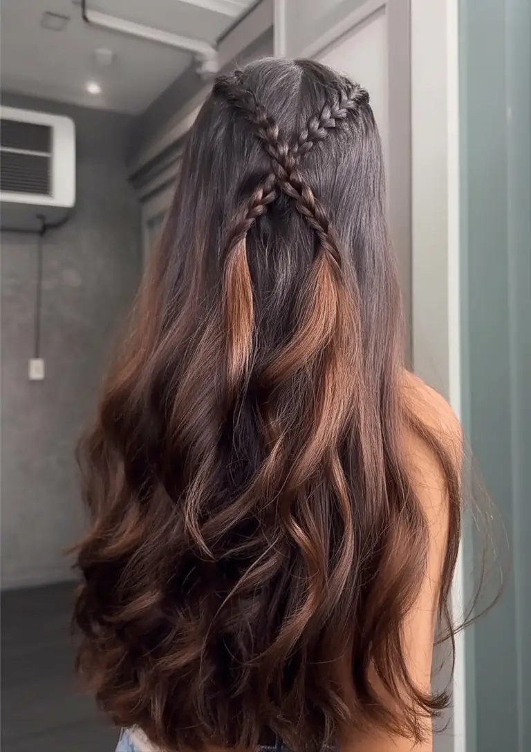 effortless spring half up half down hairstyle 2026 Crossed Crown Braids with Long Flowing Waves