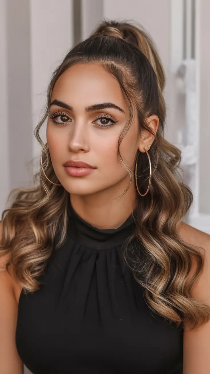effortless spring half up half down hairstyle 2026 Polished High Half Pony with Soft Glam Waves