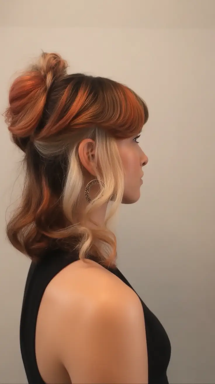 effortless spring half up half down hairstyle 2026 Color Contrast Half Up Bun with Fringe
