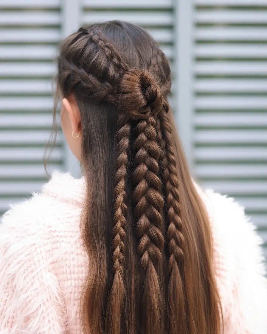 effortless spring half up half down hairstyle 2026 Layered Crown Braids with Long Sleek Length