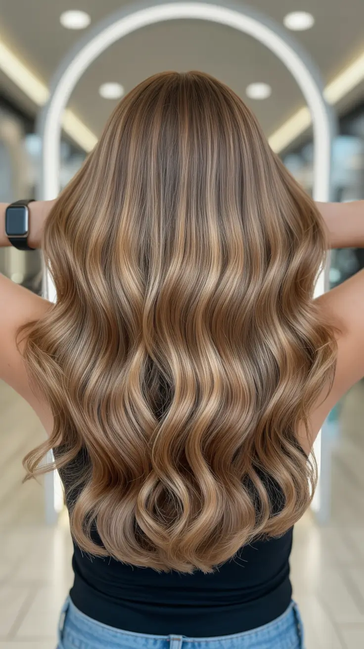 elegant spring caramel hair color 2026 Soft Caramel Ribbons on Dark Brown Medium Lengths