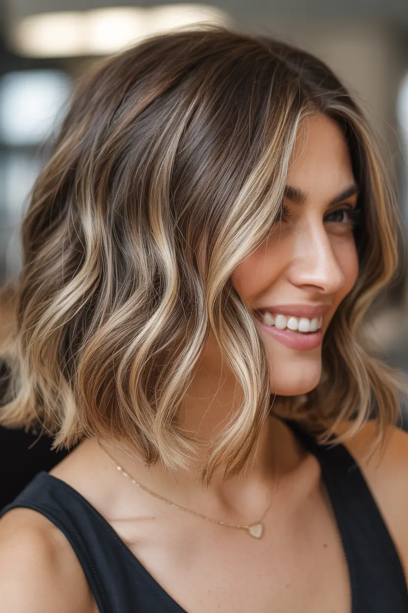 elegant spring caramel hair color 2026 Soft Blonde Caramel Contour on Textured Bob