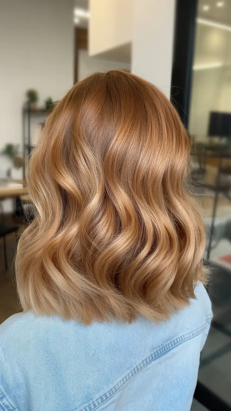 elegant spring caramel hair color 2026 Golden Caramel Blend on Softly Textured Lob