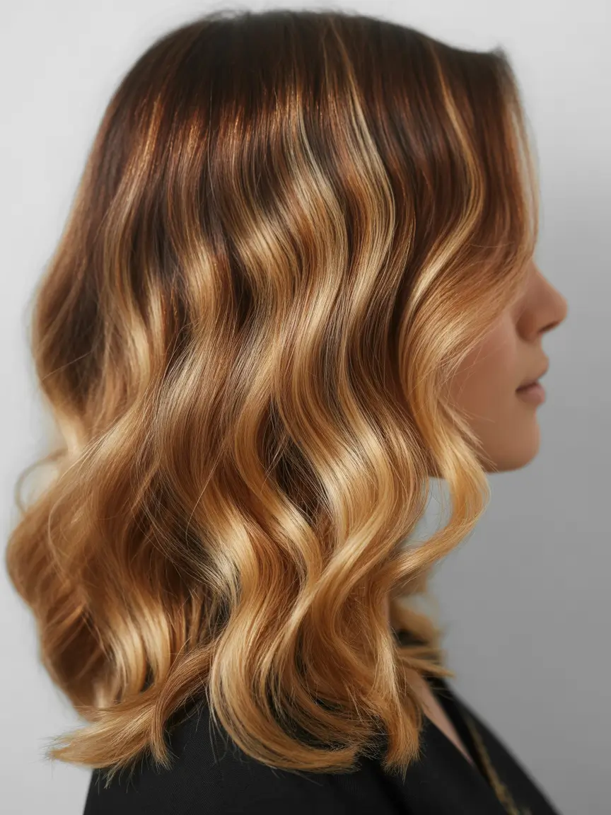 elegant spring caramel hair color 2026 Rich Caramel Dimension with Classic Soft Waves