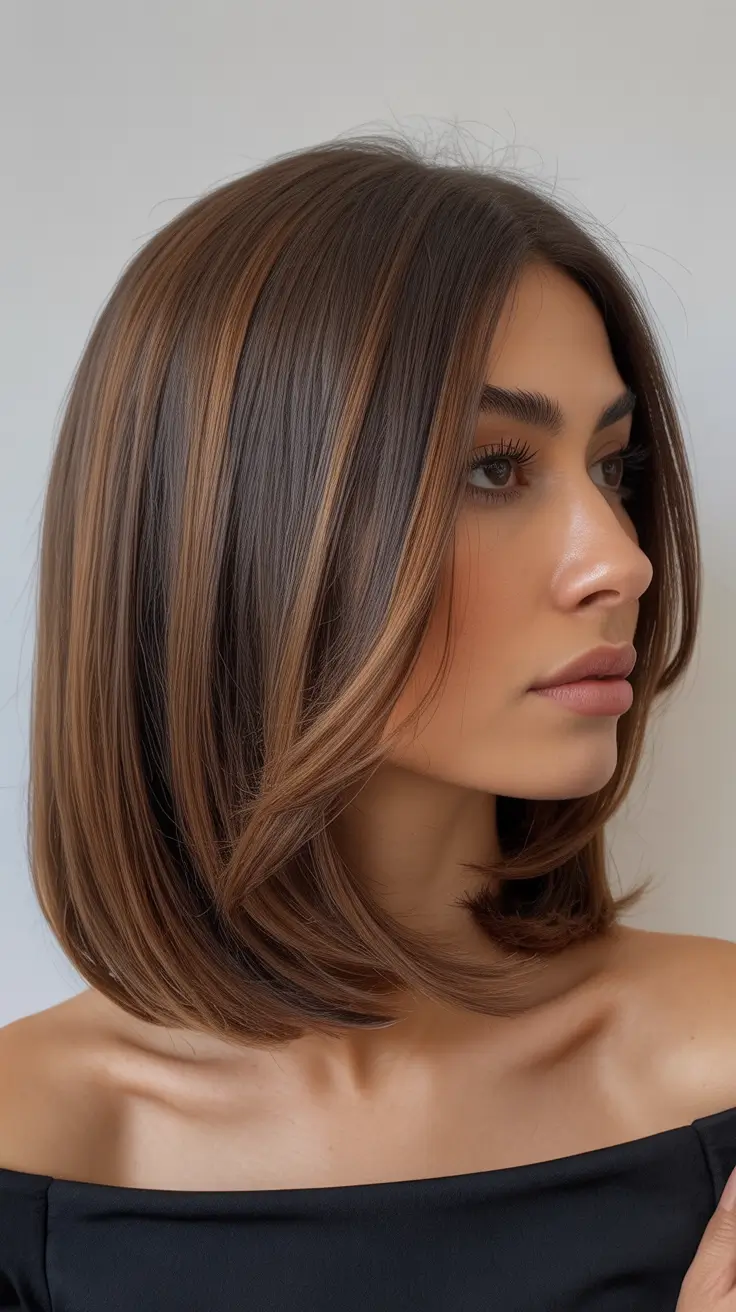 elegant spring caramel hair color 2026 Sleek Caramel Contour on Structured Bob