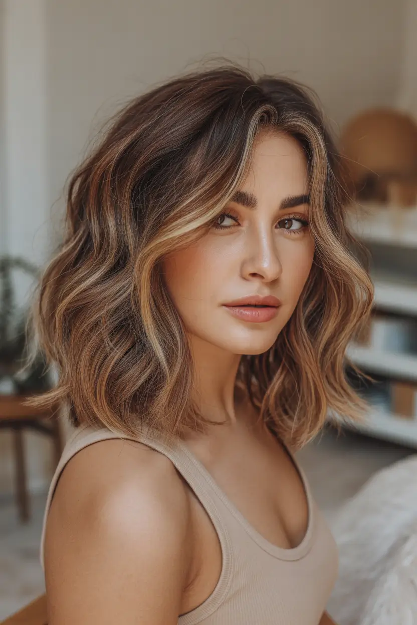 elegant spring caramel hair color 2026 Softly Tousled Caramel Layers with Natural Warmth