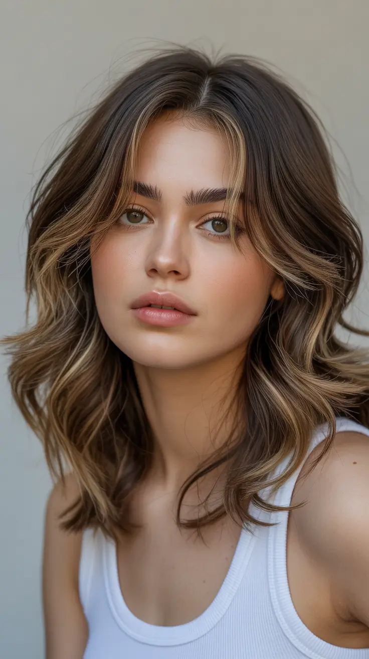 elegant spring caramel hair color 2026 Layered Brunette with Subtle Caramel Illumination